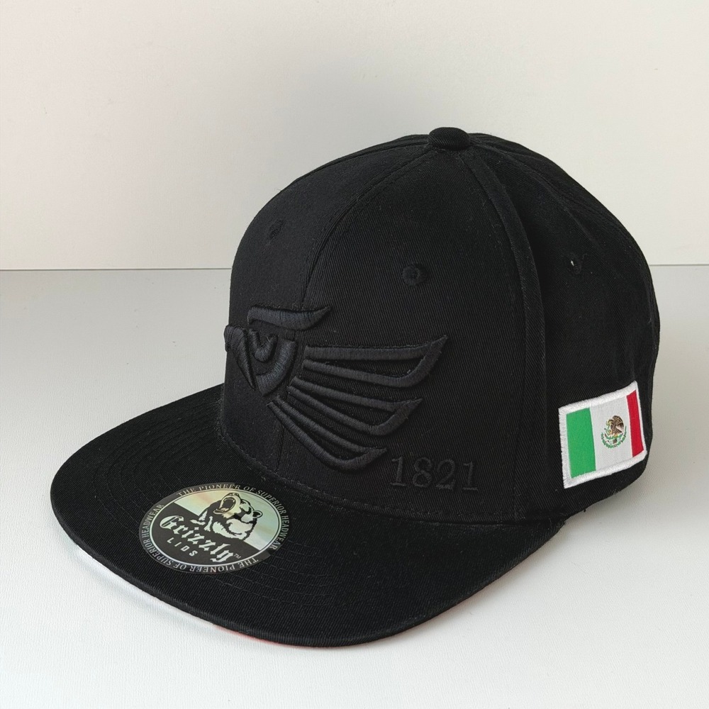 Mexico Eagle 1821 Logo Snapback Hat Grizzly Lids Black Flat Brim Embroidered